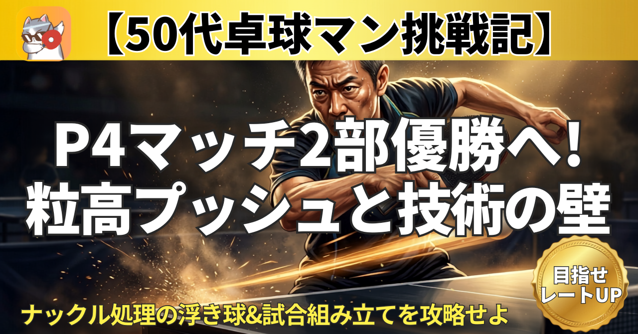 P4マッチ2部優勝を目指す50代卓球マンが粒高のプッシュやナックル処理の課題に挑む記事のアイキャッチ画像